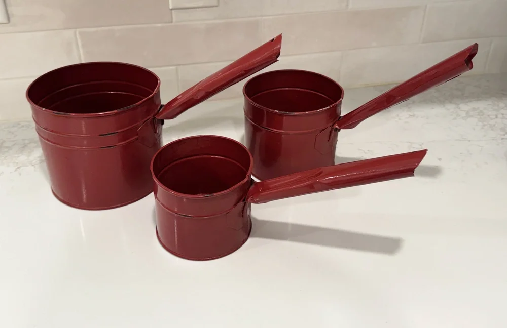 Vintage Primitive Red Enamelware Dipper Cups Lot of 3 - Farmhouse Nesting Set